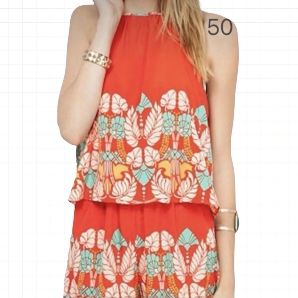 Anthropologie Red Floral Halter Romper with Aqua Accents